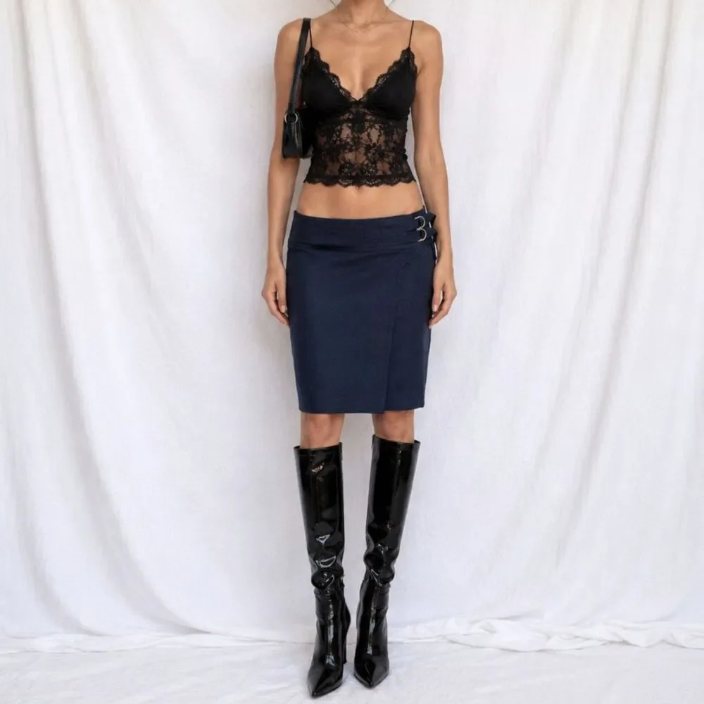 Vintage Y2K Navy Blue Denim Look Buckle Detail Knee Length A-Line Skirt Size M